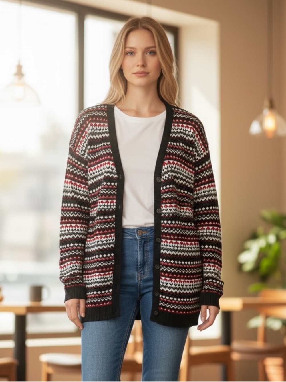 Croft & Barrow Fair Isle Button Cardigan Sweater XXL Black Red White Cozy Knit